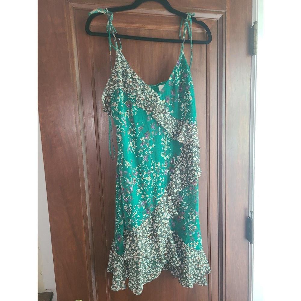 ASTR The Label Green Floral Ruffle Mini Dress Tie Strap Womens Large